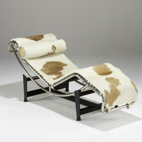 LE CORBUSIER; CASSINA: LE CORBUSIER; CASSINA; Reclining chaise, Italy, 1990s; Hide, leather and chromed steel; Unmarked; 25'' x 63'' x 22''