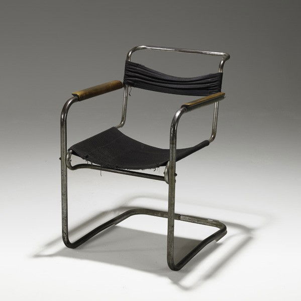MARCEL BREUER AND ANTON LORENZ; DESTA; Armchair: MARCEL BREUER AND ANTON LORENZ; DESTA; Armchair, Germany, ca. 1931; Chromed steel, wood and canvas; Unmarked; 33'' x 21 1/2'' x 26''