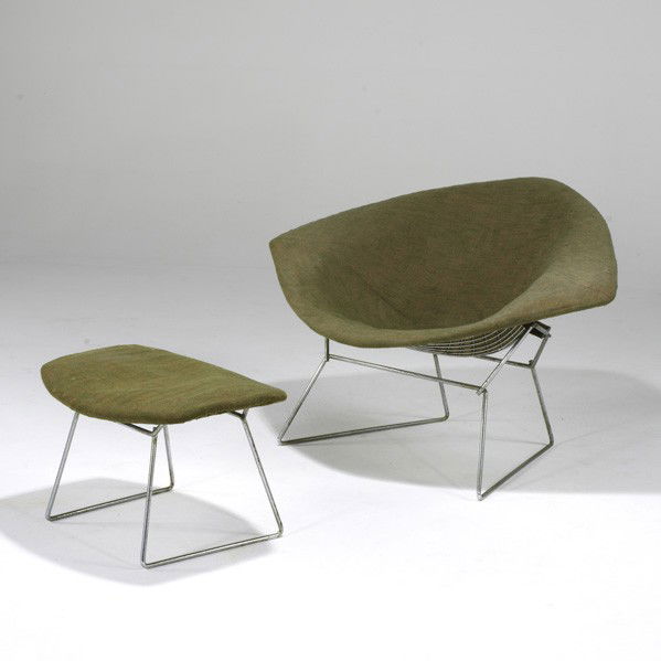 HARRY BERTOIA; KNOLL: HARRY BERTOIA; KNOLL; Diamond lounge chair and ottoman, USA, 1950s; Chromed steel, rubber and wool; Paper label to ottoman; Chair: 27 1/2'' x 45'' x 32''