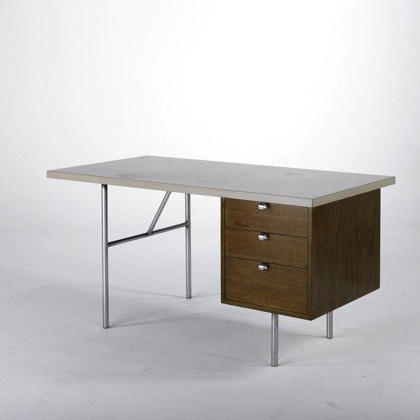 GEORGE NELSON; HERMAN MILLER: GEORGE NELSON; HERMAN MILLER; Desk, USA, 1950s; Laminate, walnut and brushed steel; Unmarked; 30'' x 60'' x 30''