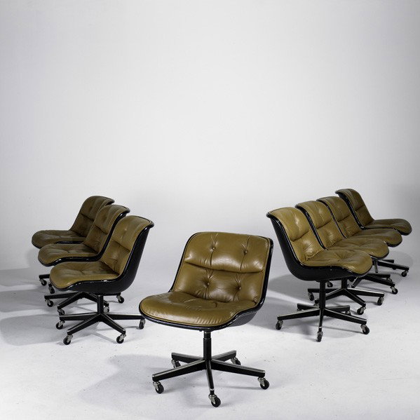 CHARLES POLLACK; KNOLL INTERNATIONAL: CHARLES POLLACK; KNOLL INTERNATIONAL; Set of eight chairs, USA, 1970s; Leather, plastic, enameled metal and chromed steel; Makers labels; Each: 33'' x 24'' x 29''