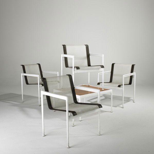 RICHARD SCHULTZ; KNOLL: RICHARD SCHULTZ; KNOLL; Set of four dining chairs and one coffee table, USA, 1960s; Mesh, leather, painted metal and enameled steel; Unmarked; Armchairs: 29 1/2'' x 23 1/2'' x 24'' and coffee table 15