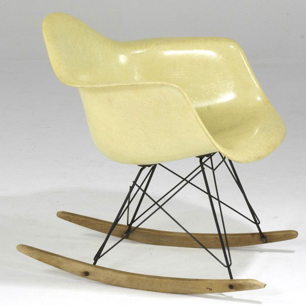 CHARLES & RAY EAMES; ZENITH-HERMAN MILLER: CHARLES & RAY EAMES; ZENITH-HERMAN MILLER; Rocking chair, USA, 1940s; Fiberglass, enameled metal and birch; Decal label; 27'' x 25'' x 25''