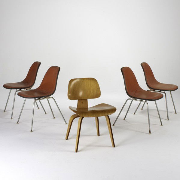 CHARLES & RAEY EAMES; HERMAN MILLER: CHARLES & RAY EAMES; HERMAN MILLER; Five dining chairs, USA, 1950s; One DCW ash and four side chairs with vinyl seats on fiberglass shells and metal legs; Side chairs signed; DCW: 29'' x 19 1/2'' x 22