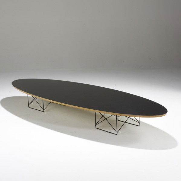 CHARLES & RAY EAMES; HERMAN MILLER: CHARLES & RAY EAMES; HERMAN MILLER; Surfboard coffee table (ETR), USA, 1960s; Laminate, plywood and enameled metal; Unmarked; 10'' x 89'' x 29''