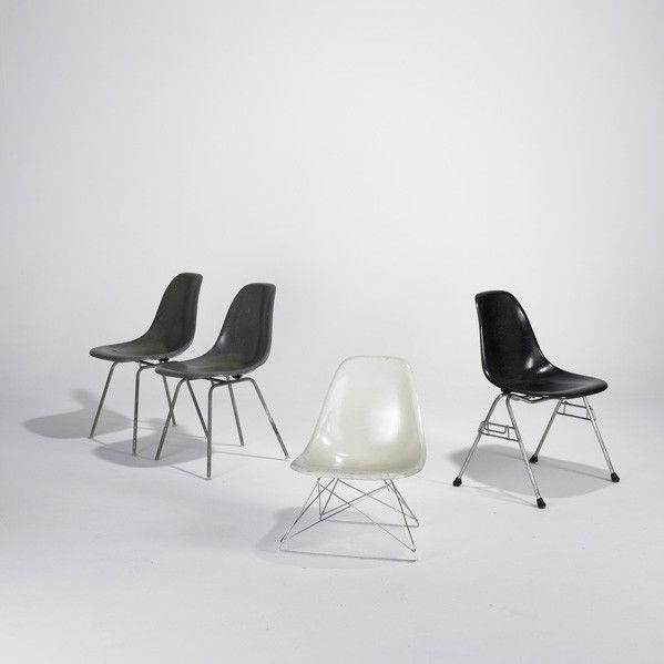 CHARLES & RAY EAMES; HERMAN MILLER: CHARLES & RAY EAMES; HERMAN MILLER; Four shell chairs, USA, 1980s; Fiberglass, chromed and zinc-plated steel; Embossed Herman Miller; Tallest: 31 1/2''