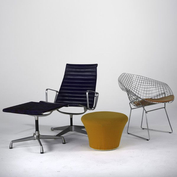 CHARLES EAMES, HARRY BERTOIA AND PIERRE PAULIN: CHARLES EAMES, HARRY BERTOIA AND PIERRE PAULIN; Two lounge chairs, ottoman and stool; Tallest: 35'' x 24 1/2'' x 27''