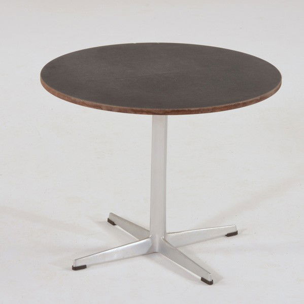 ARNE JACOBSEN; FRITZ HANSEN: ARNE JACOBSEN; FRITZ HANSEN; Side table, Denmark, 1960s; Laminate, birch, aluminum and plastic; Signed; 18 1/2'' x 23'' dia.
