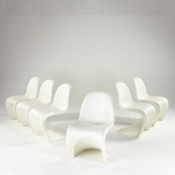 VERNER PANTON; VITRA: VERNER PANTON; VITRA; Set of six side chairs, Denmark, 1990s; Polyproplene; Signed; Each: 32 1/2'' x 19 1/2'' x 24''