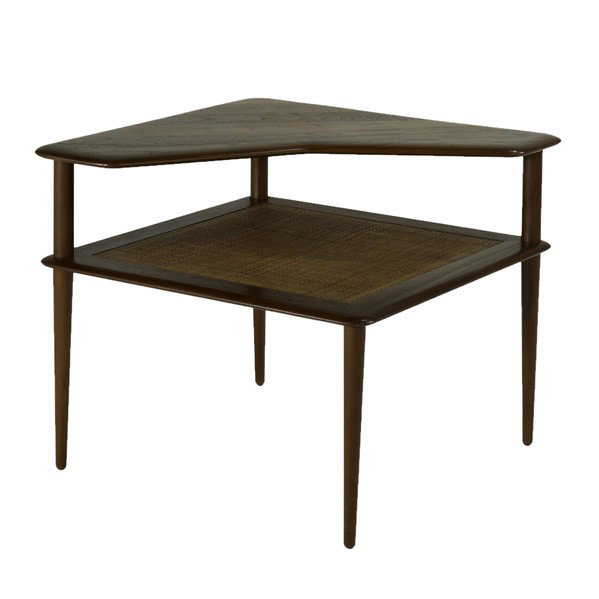 PETER HVIDT; ORLA MOLGAARD-NIELSEN; FRANCE & SONS: PETER HVIDT AND ORLA MOLGAARD-NIELSEN; FRANCE & SONS; Pair of two-tiered occasional corner tables, Denmark, 1950s; Teak and woven cane; Stamped and marked with retailers label; Each: 25'' x 30'' x 30 