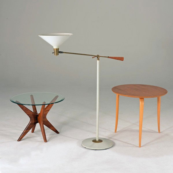 MODERN GROUP: MODERN GROUP; Bruno Mathsson and Adrian Pearsal occasional table together with Lightolier floor lamp; Mathsson table: 23'' x 25 1/2'' dia.