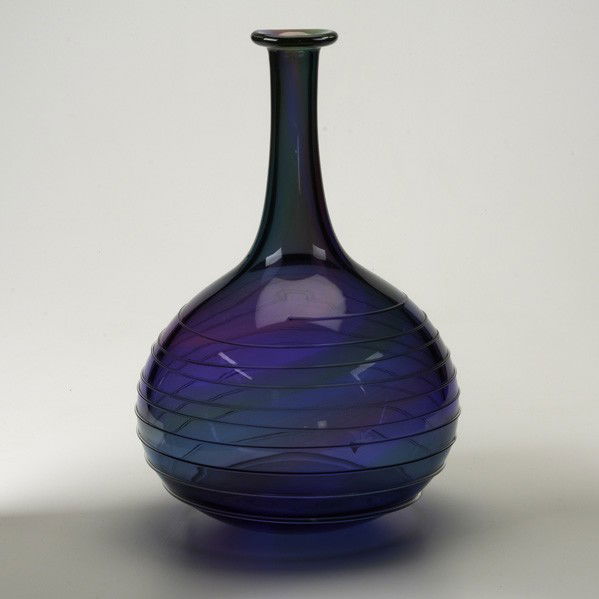 BERIT JOHANSSON; ORREFORS: BERIT JOHANSSON; ORREFORS; Large bottle-shaped glass vessel in blue and fuchsia with applied decoration; Engraved Orrefors/9003974/Berit Johansson/1-83 and Orrefors Sweden label; 14 1/2'' x 9''