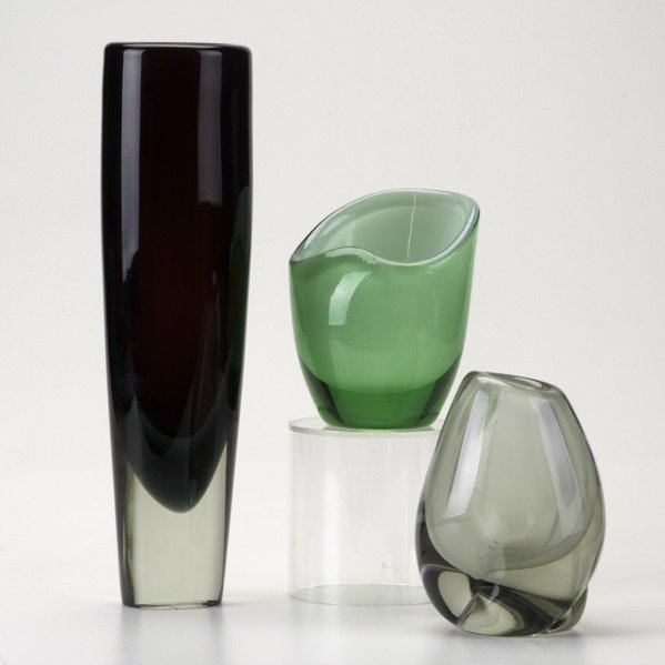 RIIHIMAEN LASI OY; GUNNEL NYMAN, ETC: RIIHIMAEN LASI OY; GUNNEL NYMAN, ETC; Three pieces: white cased glass vessel, cased ruby vase and grey vase; All illegibly signed; Tallest: 13''