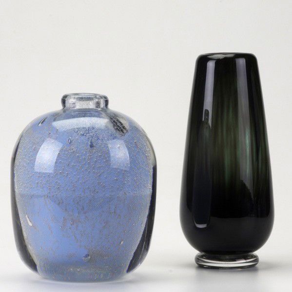 EDVIN OHRSTROM; ORREFORS: EDVIN OHRSTROM; ORREFORS; Two Graal pieces: Cased blue vessel with air bubble inclusions and cased green and ruby glass vase; Both engraved marks; Taller: 9''