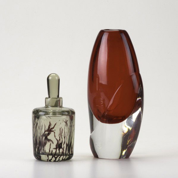 EDWARD HALD; ERNEST GORDON; ORREFORS: EDWARD HALD; ERNEST GORDON; ORREFORS; Two glass vessels: Graal bottle with stopper and starfish by Hald together with cased ruby glass vase by Gordon; Both engraved; Taller: 9''