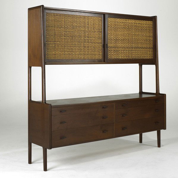 HANS WEGNER; RY MOBLER: HANS WEGNER; RY MOBLER; Cabinet, Denmark, 1957; Teak, rattan and beech; Branded; 71'' x 71'' x 20 1/2''
