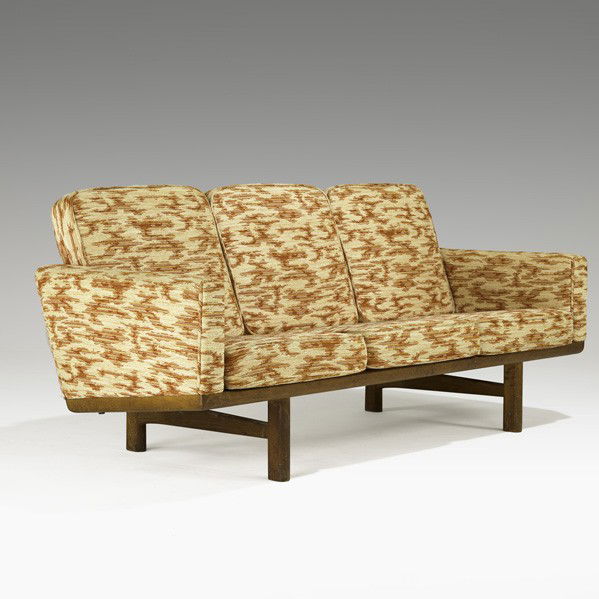 HANS WEGNER; A.P. STOLEN: HANS WEGNER; A.P. STOLEN; Three-seat sofa, Denmark, 1960s; Oak, upholstery; Unmarked; 31'' x 71'' x 30''