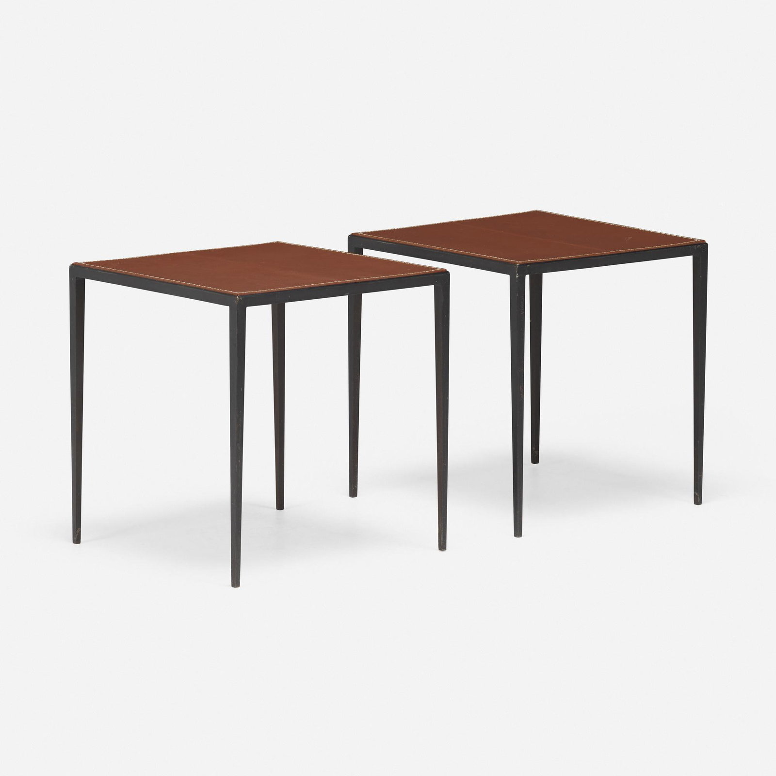 Comte, Occasional tables, pair: Comte Occasional tables, pair Argentina, c. 1940enameled iron, leather 20.75 h x 19.5 w x 19.5 d in (53 x 50 x 50 cm) Impressed number to underside of each example '5496'. Prove
