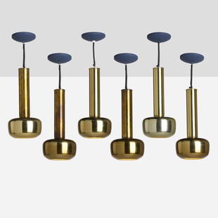 Vilhelm Lauritzen, Guldpendel pendants: Vilhelm Lauritzen Guldpendel pendants, set of six Louis PoulsenDenmark, 1955brass-plated and enameled aluminum 14.5 h x 6.75 dia in (37 x 17 cm) This work will ship from Lam