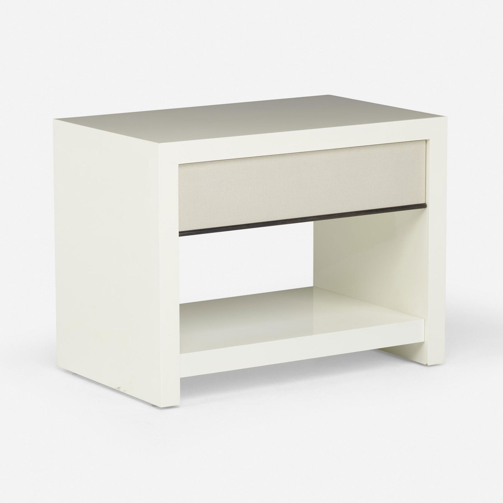 Holly Hunt, Lennox occasional table: Holly Hunt Lennox occasional table 21st centurylacquered wood, patinated steel 24.75 h x 32 w x 20 d in (63 x 81 x 51 cm) Table features one drawer. Metal manufacturer's label to interior of d