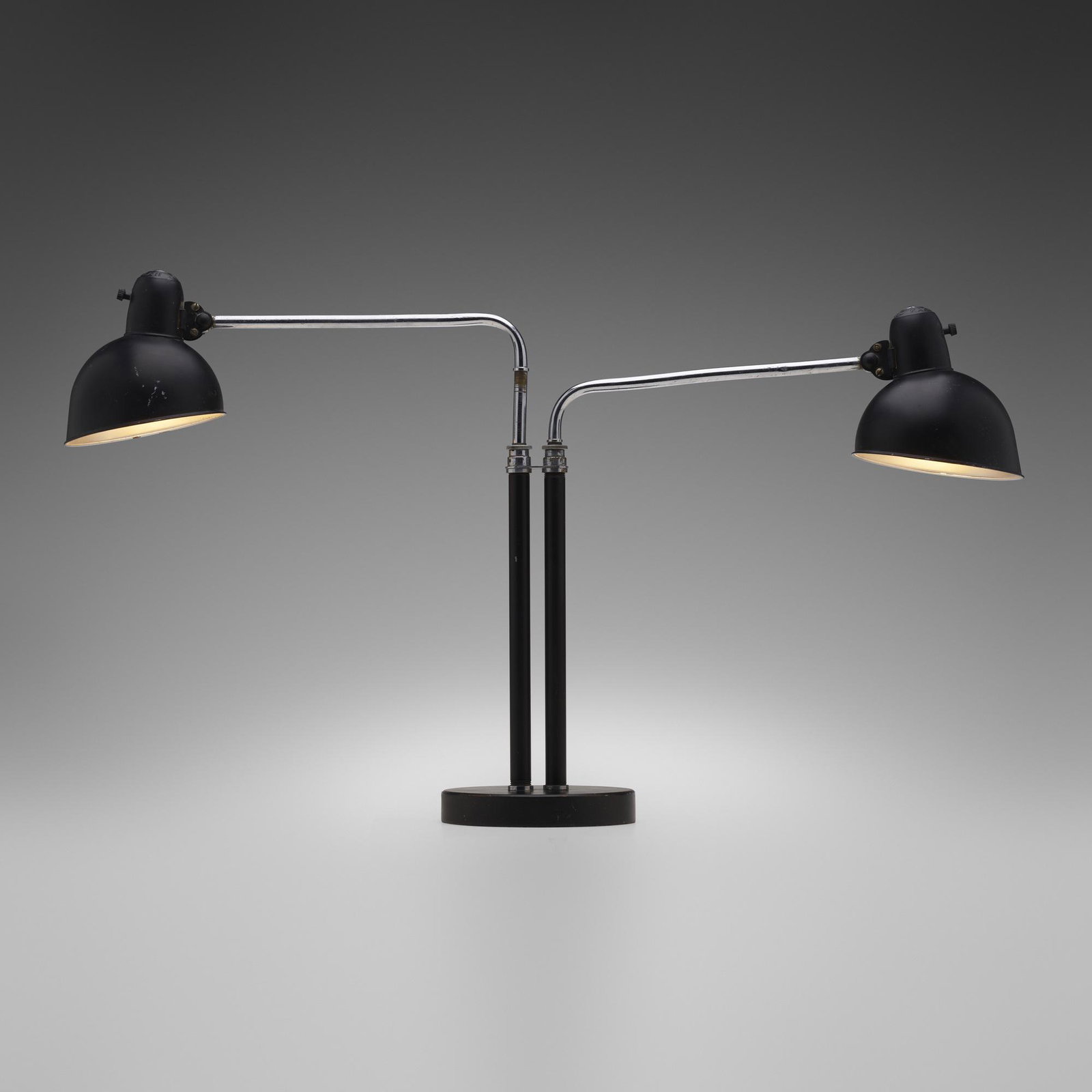 Christian Dell, Double Dell table lamp: Christian Dell Double Dell table lamp Kaiser & Co.Germany, 1933enameled steel, chrome-plated steel, Bakelite 24 h x 37 w x 7.5 d in (61 x 94 x 19 cm) Molded manufacturer's mark to each s