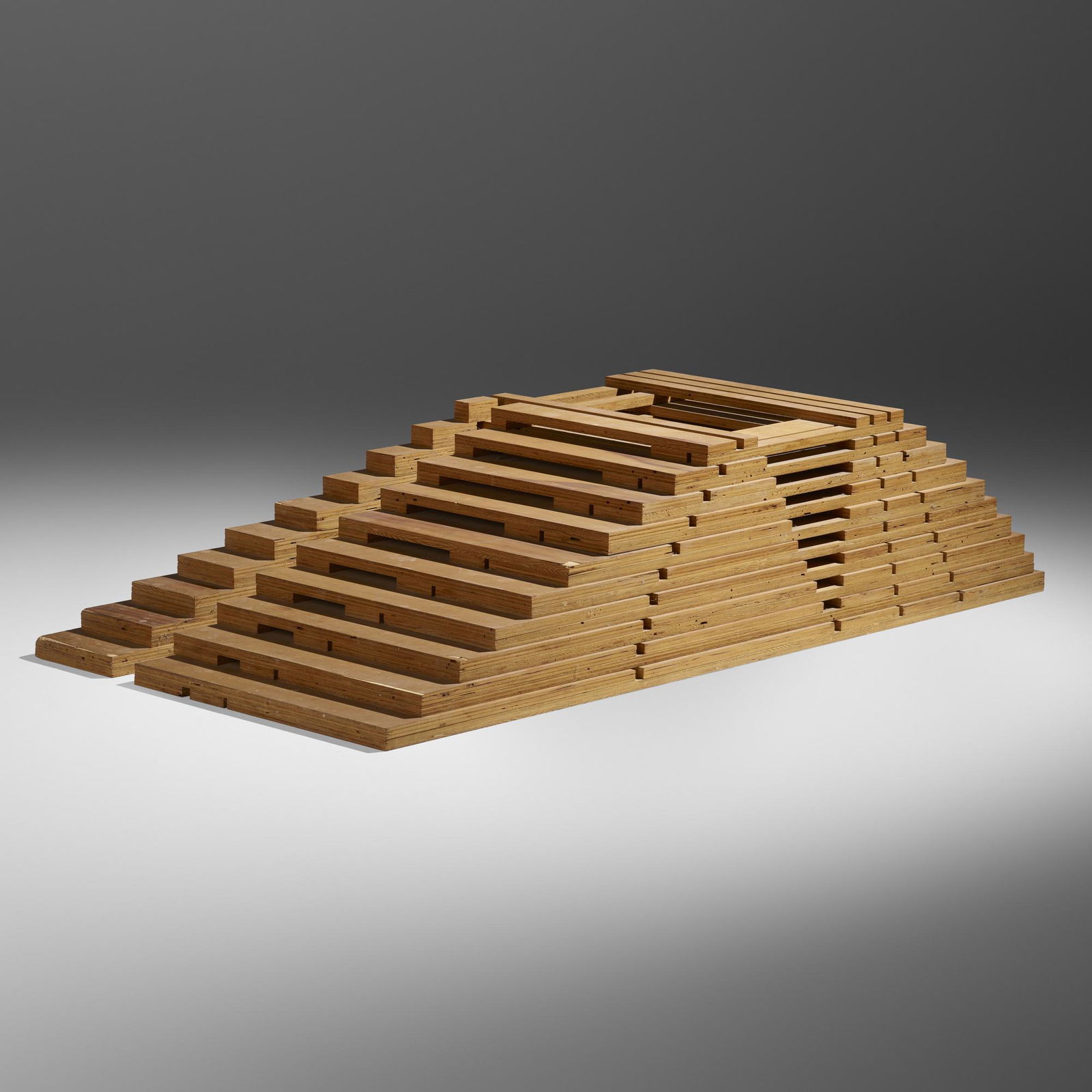 Jackie Ferrara, A171 assemblage and drawings: Jackie Ferrara A171 (wood assemblage and two drawings) 1976plywood, ink and graphite on graph paper sculpture: 15.5 h x 34.875 w x 68.75 d in (39 x 89 x 175 cm) drawing: 22.125 h x 17.5 w in (56 x