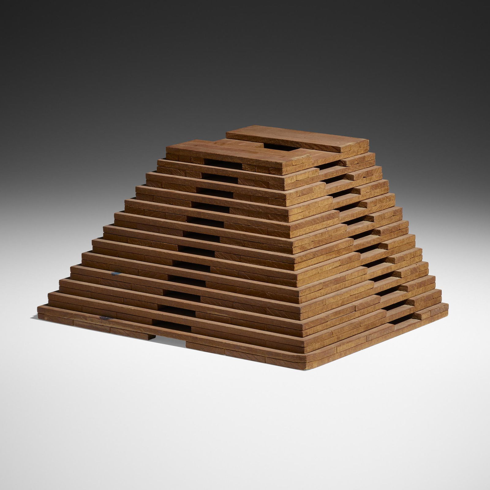 Jackie Ferrara, Sepsected Pyramid (maquette): Jackie Ferrara Sepsected Pyramid (maquette) 1974Masonite 6.25 h x 11.75 w x 8.5 d in (16 x 30 x 22 cm) Provenance: Daniel Weinberg Gallery, San Francisco | Max Protetch Galler