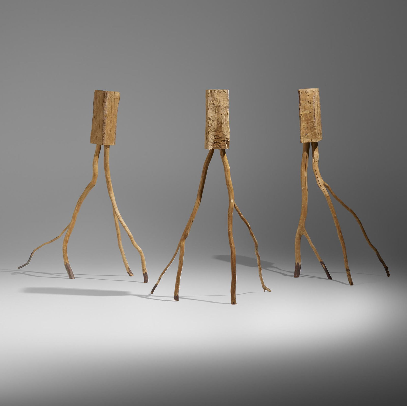 David Nash, Chorus Line (Three Dandy Scuttlers): David Nash Chorus Line (Three Dandy Scuttlers) 1976oak, beech 63 h x 27 w x 34 d in (160 x 69 x 86 cm) 63 h x 48 w x 19 d in (160 x 122 x 48 cm) 63 h x 34 w x 36 d in (160 x 86 x 91 cm)