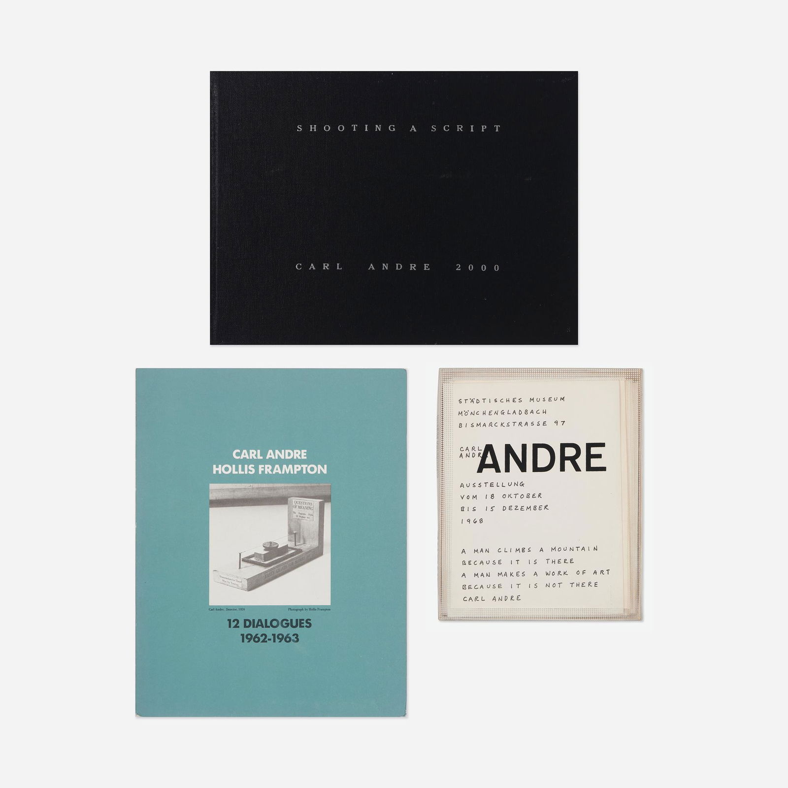 Carl Andre, Artist's books, three: Carl Andre Artist's books, three bound printed paper, cardboard box, plasitc, printed paper, printed cloth Complete Lot Details Shooting a Script Carl Andre, Self-pub