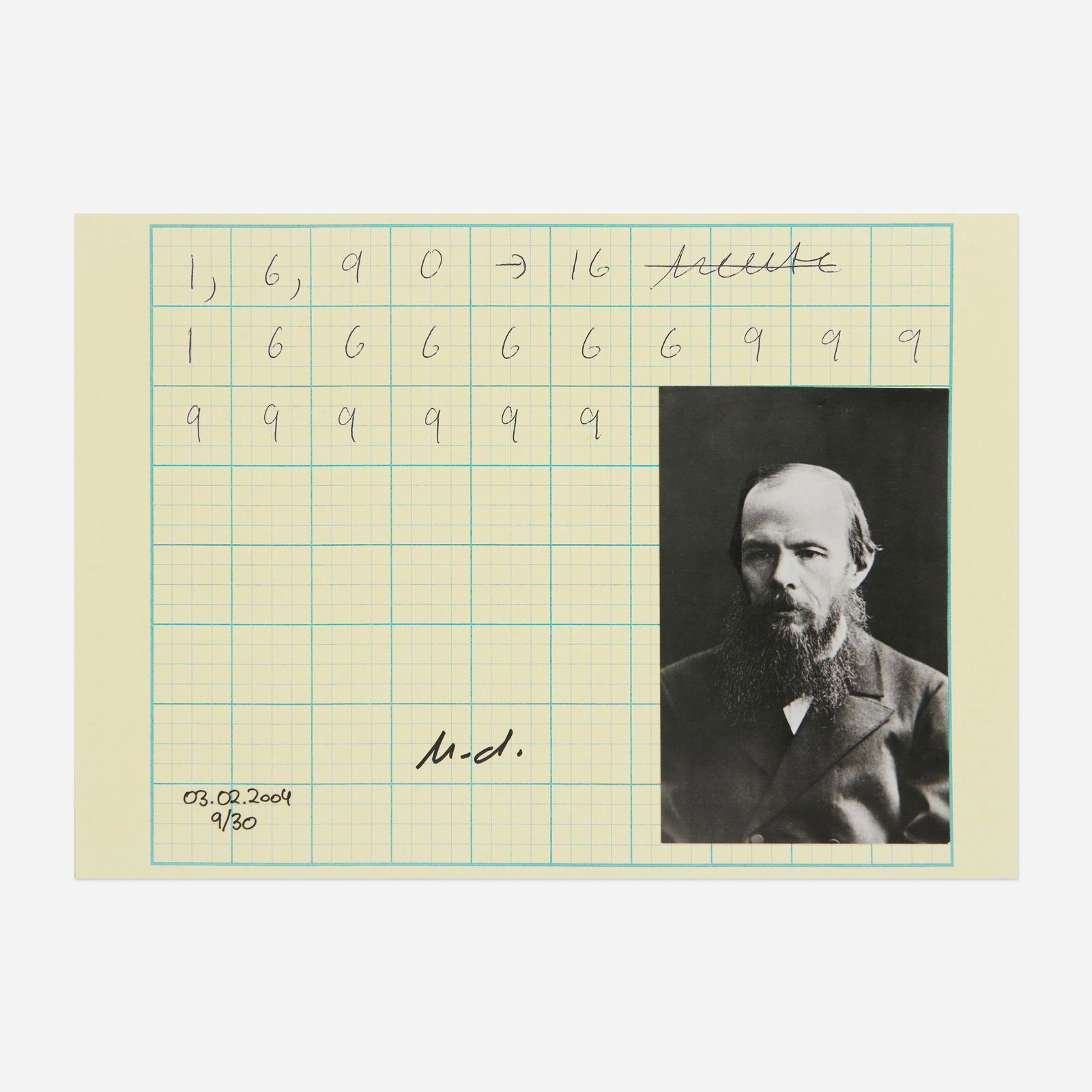 Hanne Darboven, Tagesrechnung: Hanne Darboven Tagesrechnung 2004digital print with collaged postcard 8.25 h x 11.5 w in (21 x 29 cm) Signed, dated and numbered to front 'H.D. 03.02.2004 9/30'. This work is number 9 from the