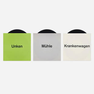 Katharina Fritsch, Unken, Krankenwagen, Muhle: Katharina Fritsch Unken, Krankenwagen, Muhle (three 7-inch vinyl records) Parkett 1988-1990 vinyl, printed paper each: 7.125 h x 7.125 w x .125 d in (18 x 18 x 0 cm) Two sleeves signed with