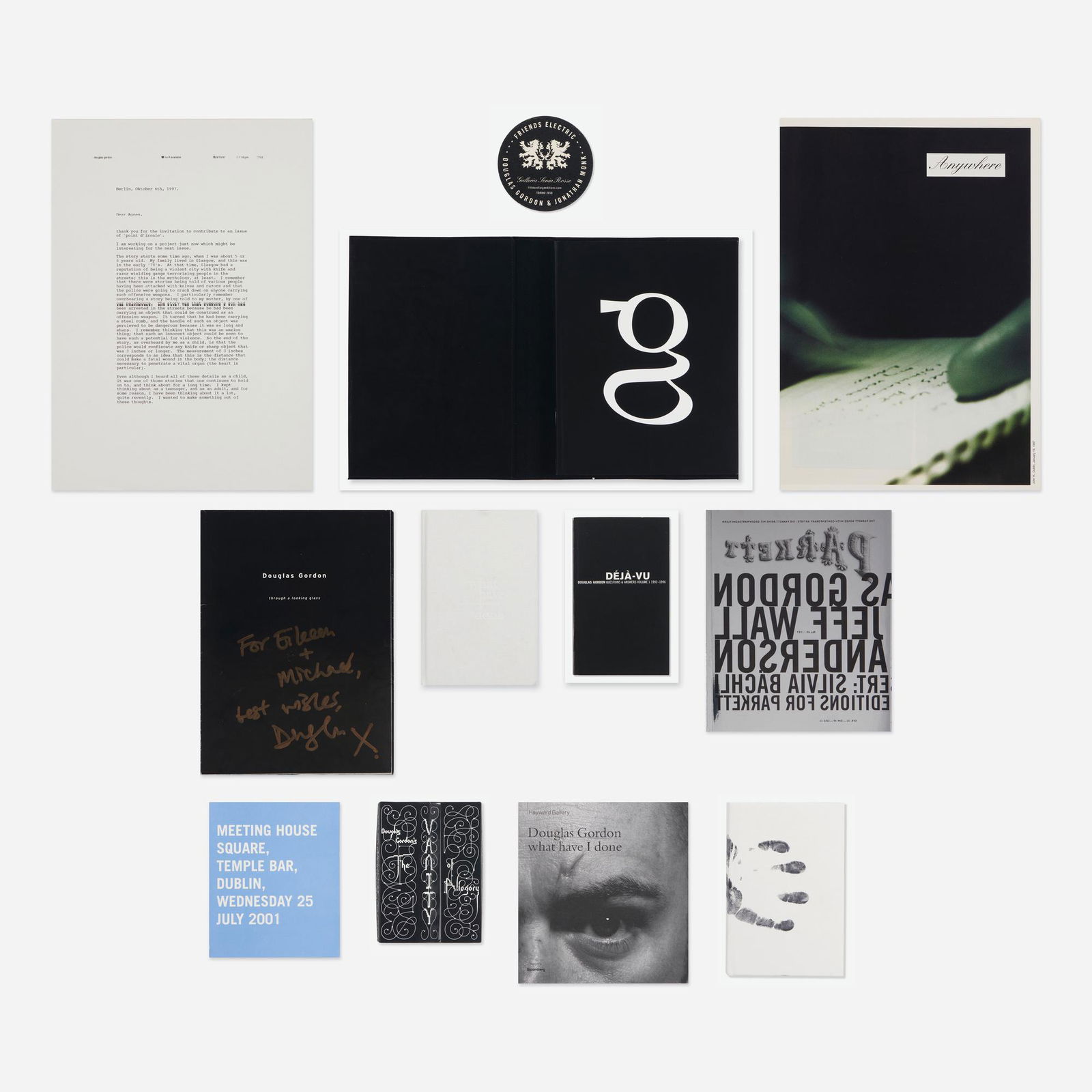 Douglas Gordon, Artist's books and ephemera: Douglas Gordon Artist's books and ephemera bound printed paper, printed paper, monoprint, leather, balsa wood Complete Lot Details Friend Electric exhibition announcement<