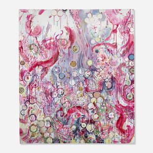 Tam Van Tran, Running with Christ + Animals: Tam Van Tran Running with Christ + Animals 2007 acrylic and beet juice on canvas 79 h x 68 w in (201 x 173 cm) Signed and titled to verso 'Running with Christ + Animal Tam Van Tran'. Provenance: