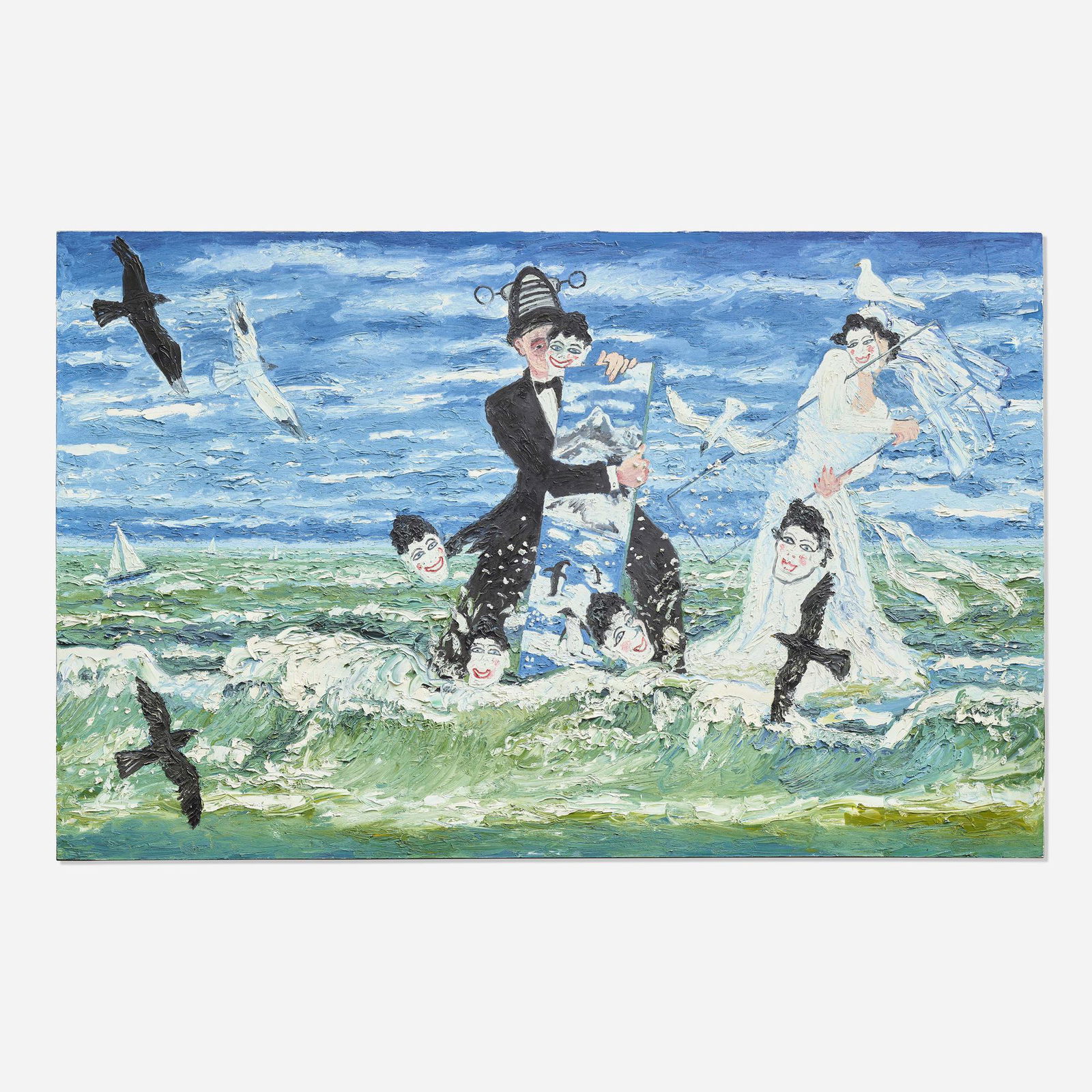 Derek Boshier, Wedding: Derek Boshier Wedding 1985oil on canvas 88 h x 138 w in (224 x 351 cm) Signed, titled and dated to verso 'Derek Boshier Wedding 1985'. Titled and dated to edge of stretcher 'Wedding 1985'.