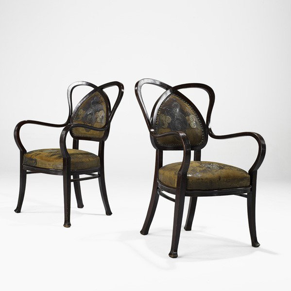 THONET; Pair of armchairs: THONET; Pair of armchairs, Austria, 1900s; Bent and stained beech, embossed leather; Paper label; 39'' x 25 1/2'' x 24''