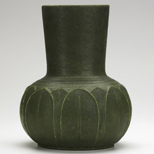 GRUEBY; Large vessel: GRUEBY; Large vessel with leaves, matte green glaze, Boston, ca. 1910; Stamped circular Pottery mark, CH; 11 1/2'' x 8 1/2''
