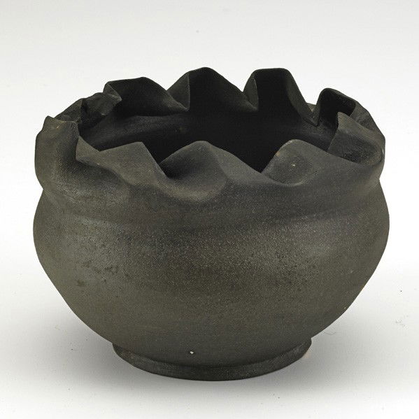 GEORGE OHR; Ruffled bowl: GEORGE OHR; Ruffled bowl in matte gun metal, Biloxi, MS, 1900s; Stamped G. E. OHR Biloxi Miss; 3 1/4'' x 4 3/4''