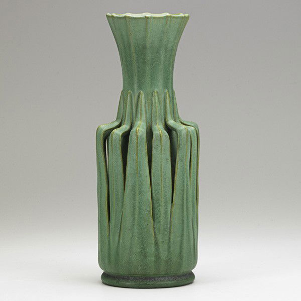 TECO; Vase: TECO; Reticulated vase, matte green glaze, Terra Cotta, IL, ca. 1910; Stamped Teco; 11 1/2'' x 4 1/2''