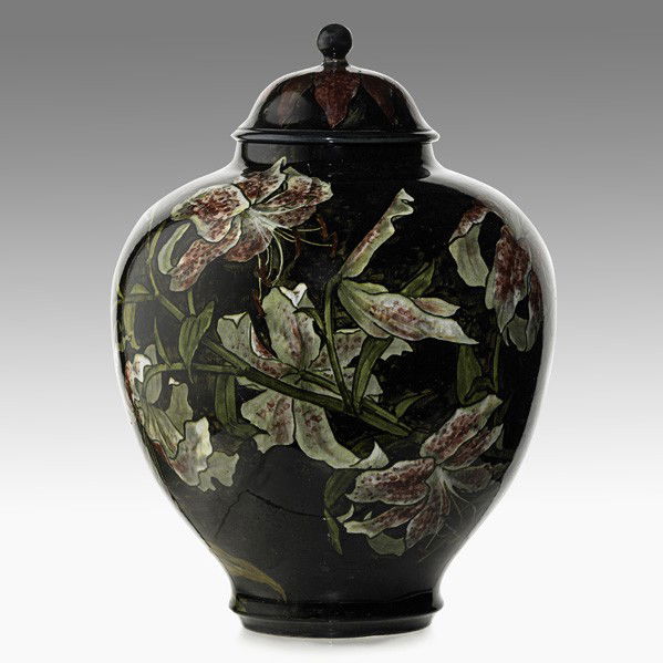JOHN BENNETT; Large covered jar: JOHN BENNETT; Large covered jar decorated with lilies, New York, 1879; Signed JBENNETT 412E24 N.Y. 1879; 14'' x 10''