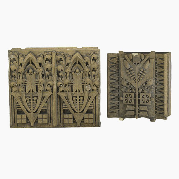 GEORGE ELMSLIE; Two architectural blocks: GEORGE ELMSLIE; MIDLAND TERRA COTTA CO.; Two large architectural terra cotta blocks, Chicago, 1930s; Provenance: Morton School, Hammond, Indiana; Stamped numbers; 24'' x 27'', 21'' x 18''