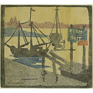 ETHEL MARS; Color woodblock print: ETHEL MARS (American, 1876-1956); Color woodblock print of sailboats at dock (matted), Provincetown, Mass.; Stamped signature on verso; Image: 5'' x 5 1/2''