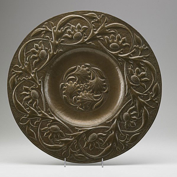 JOHN PEARSON; Hammered copper charger: JOHN PEARSON; Large hammered copper charger, England, 1889; Signed J. Pearson 1889 278; 20 1/4'' dia.