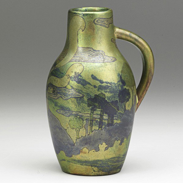 ZSOLNAY; Small pitcher: ZSOLNAY; Small pitcher with volcano and landscape, Hungary, ca. 1900; Five churches medallion 5577M22; 6'' x 4''