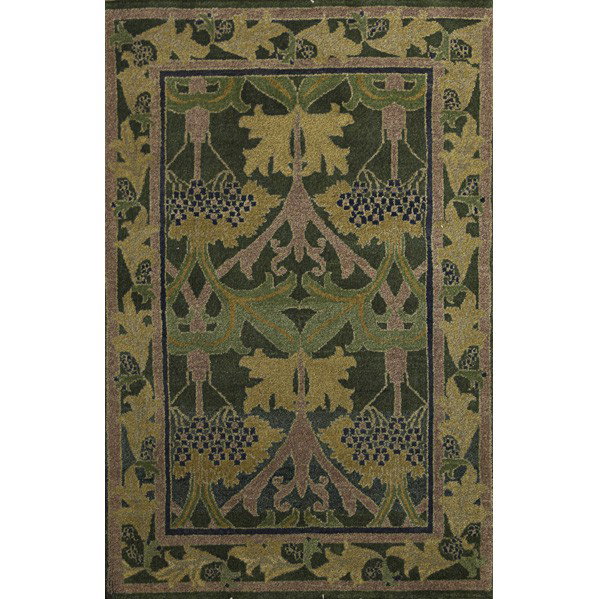 STYLE OF WILLIAM MORRIS; Two contemporary rugs: STYLE OF WILLIAM MORRIS; Set of two contemporary rugs, room-size and area, with botanical pattern in indigo, mint and yellow on forest green ground; Unsigned; Room: 8' x 9'8'', area: 4' x 6'