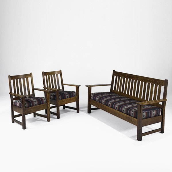 LIMBERT; Three-piece parlor suite: LIMBERT; Three-piece parlor suite, Grand Rapids, MI, ca. 1908; All branded; Settle: 36'' x 68'' x 27''