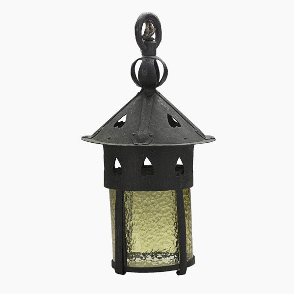 GUSTAV STICKLEY; Hanging lantern: GUSTAV STICKLEY; Hanging lantern with heart cut-outs, Eastwood, NY, ca. 1905; Hammered copper, replaced hammered amber glass; Unmarked; 12'' x 6 1/2''