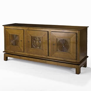 JOEL MARTEL & JEAN BURKHALTER; Three-door cabinet: JOEL MARTEL & JEAN BURKHALTER; Three-door cabinet, France, 1930s; Cherry, brass; Unmarked; 39'' x 84 1/2'' x 23''