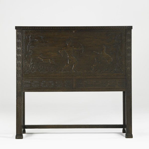 OTTO WRETLING; Art Deco Secretary: OTTO WRETLING; Art Deco Secretary, Sweden, 1923; Chip-carved oak, secondary woods; Carved signature and date; 53 1/4'' x 55 1/2'' x 19 3/4''