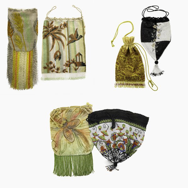STYLE OF WIENER WERKSTATTE; Art Deco evening bags: STYLE OF WIENER WERKSTATTE; Six Art Deco evening bags, Austria, 1920s; Glass beads, silk, kidskin, cut velvet; Unmarked; Largest: 11'' x 8''