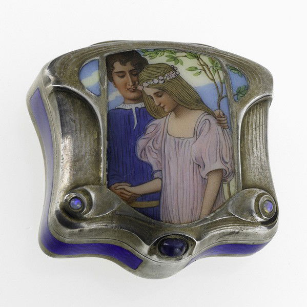 JOSEF MARIA AUCHENTALLER; Pillbox: JOSEF MARIA AUCHENTALLER; GEORG ANTON SCHEIDT; Pillbox with figural decoration, Austria, before 1922; Chased and repousse silver, guilloche and painted enamel panels, opal and lapis luzuli cabochons;